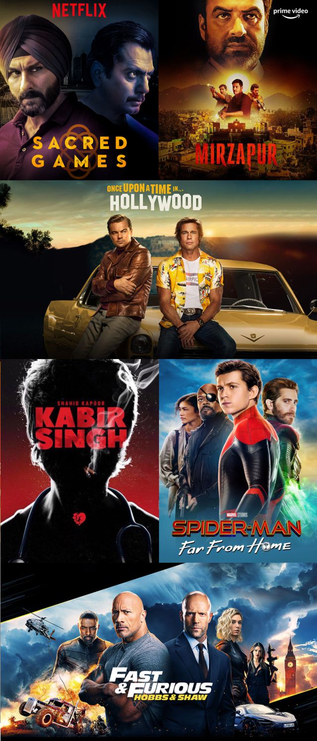 Stream Mirzapur, Sacred Games, Kabir Singh, Once Upon a Time in Hollywood, Hobbs & Shaw, Spider-man Far from Home and more